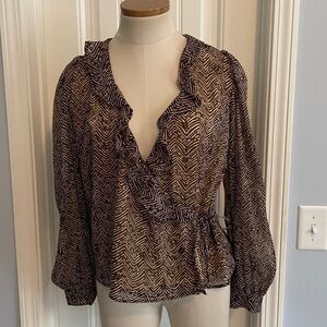 & Other Stories 4 Brown Print Wrap Top Blouse Sheer Ruffle Neckline
